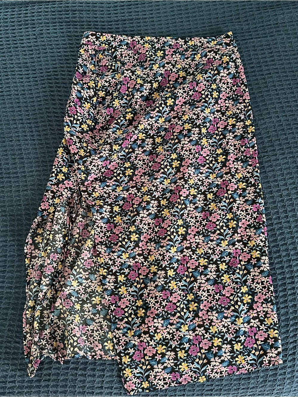 SHEIN Black Midi Skirt with Pink, Yellow & Blue Floral Print